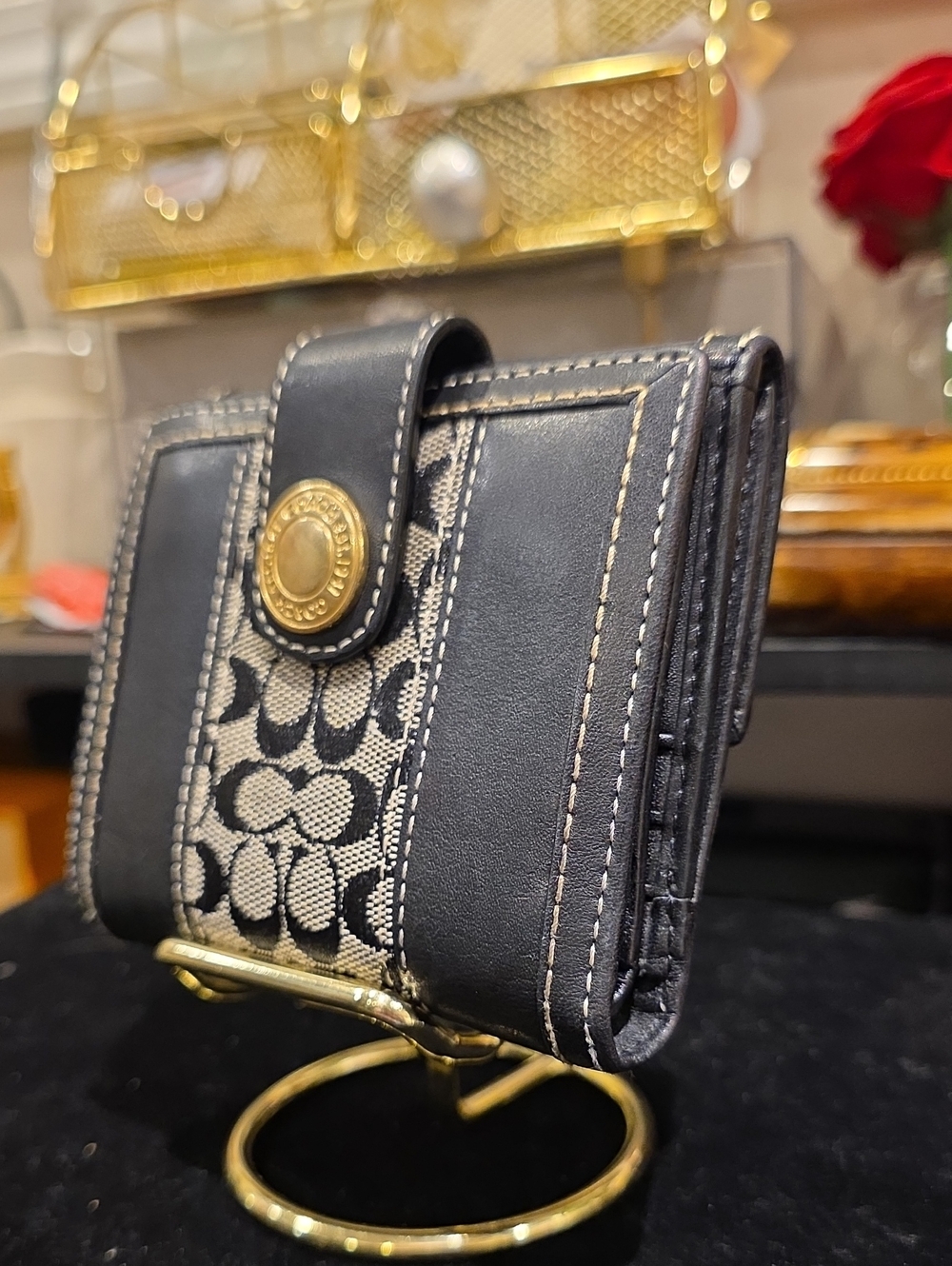 Coach Black Signature Canvas Card Holder with Gold-Tone Snap